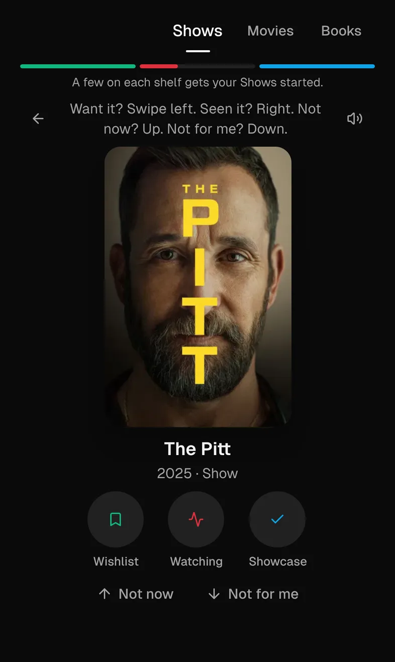 Showcase on a phone: one big poster, with Wishlist, Watching and Showcase buttons under it