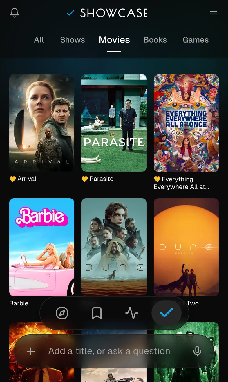 A Showcase shelf of films, the loved ones marked with a heart